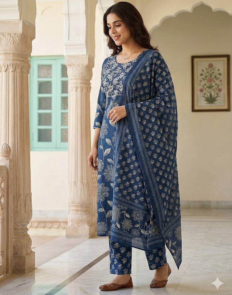 Anouk blue pure cotton straight regular kurta set