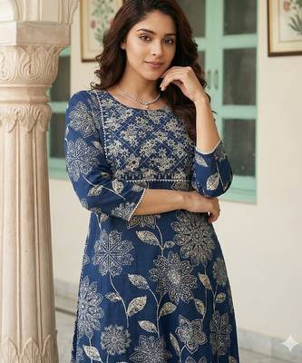 blue pure cotton straight regular kurta set 4
