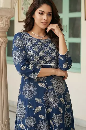 blue pure cotton straight regular kurta set