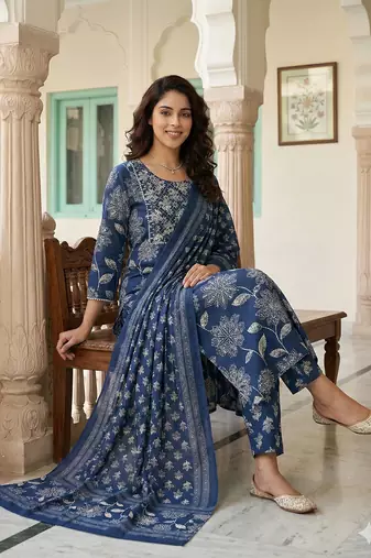 blue pure cotton straight regular kurta set