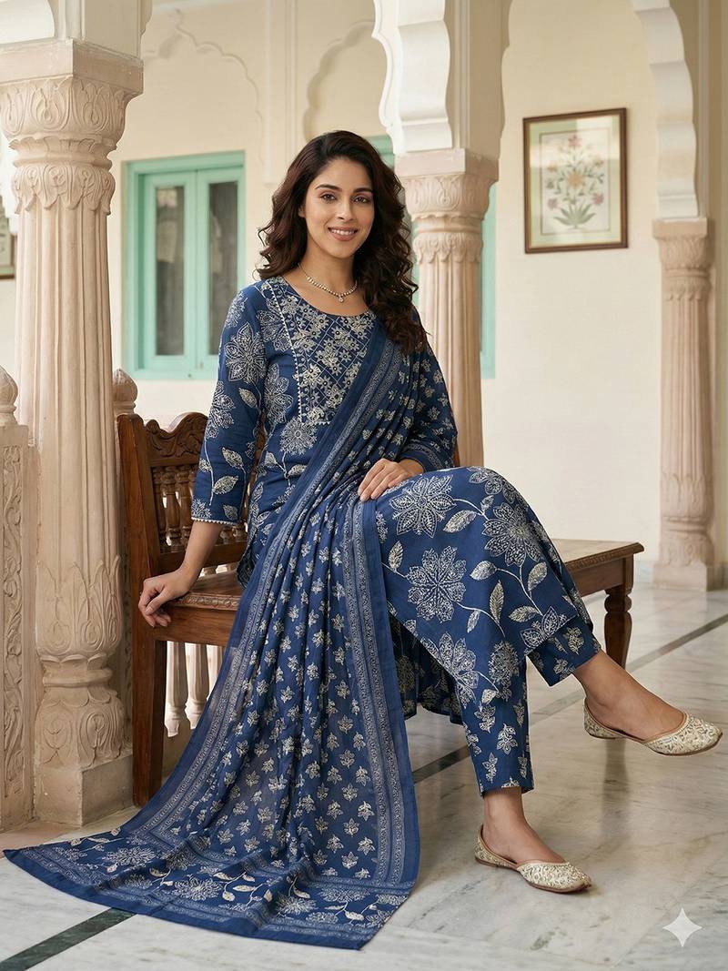 Anouk blue pure cotton straight regular kurta set