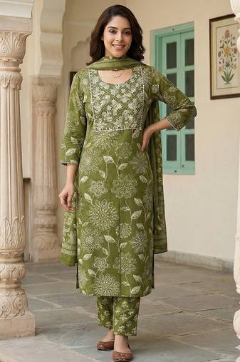 Anouk green pure cotton straight regular kurta set