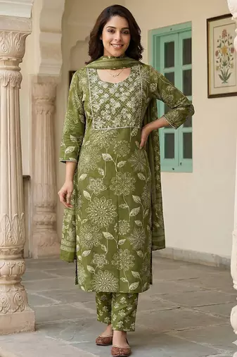 Anouk green pure cotton straight regular kurta set
