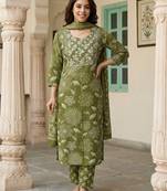 Anouk green pure cotton straight regular kurta set