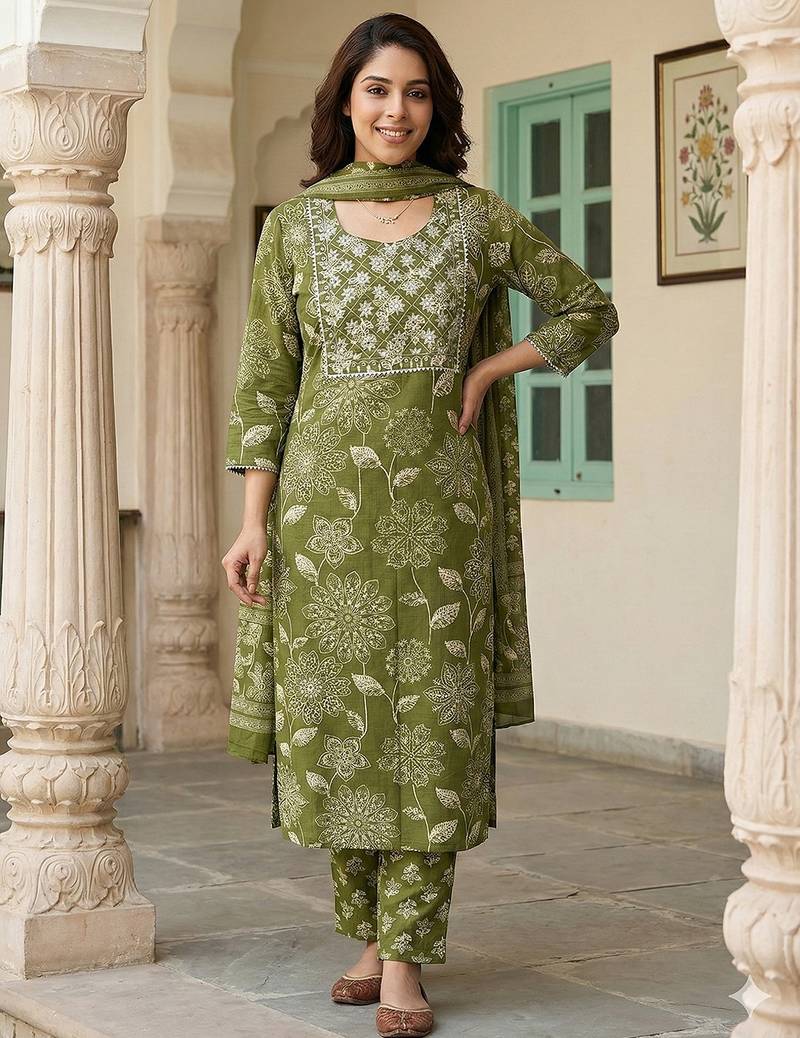 Anouk green pure cotton straight regular kurta set