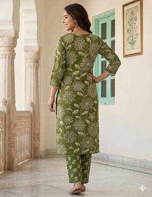 green pure cotton straight regular kurta set 2