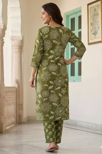 green pure cotton straight regular kurta set