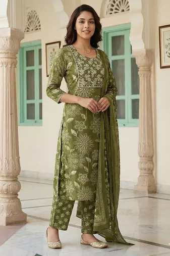 green pure cotton straight regular kurta set