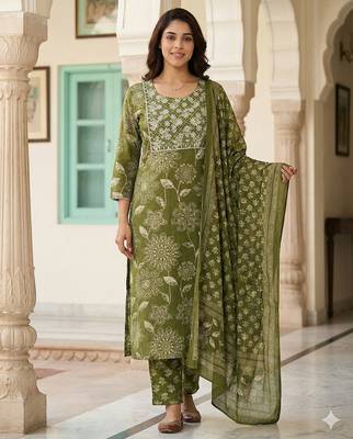 green pure cotton straight regular kurta set 5