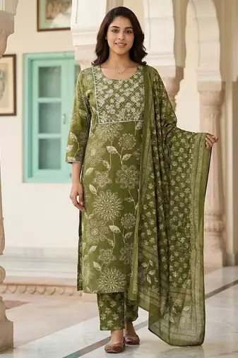 green pure cotton straight regular kurta set