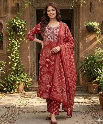 red pure cotton straight regular kurta set 1