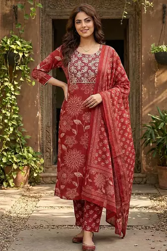 Anouk red pure cotton straight regular kurta set