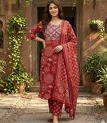 Anouk red pure cotton straight regular kurta set