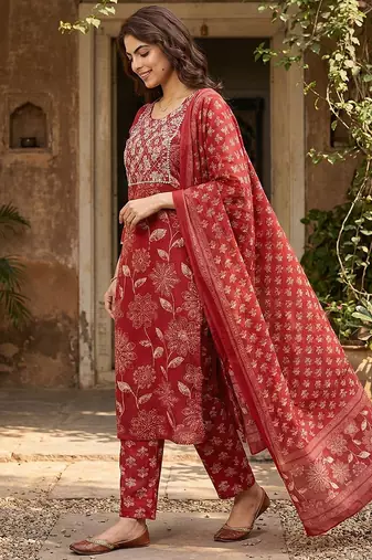 red pure cotton straight regular kurta set