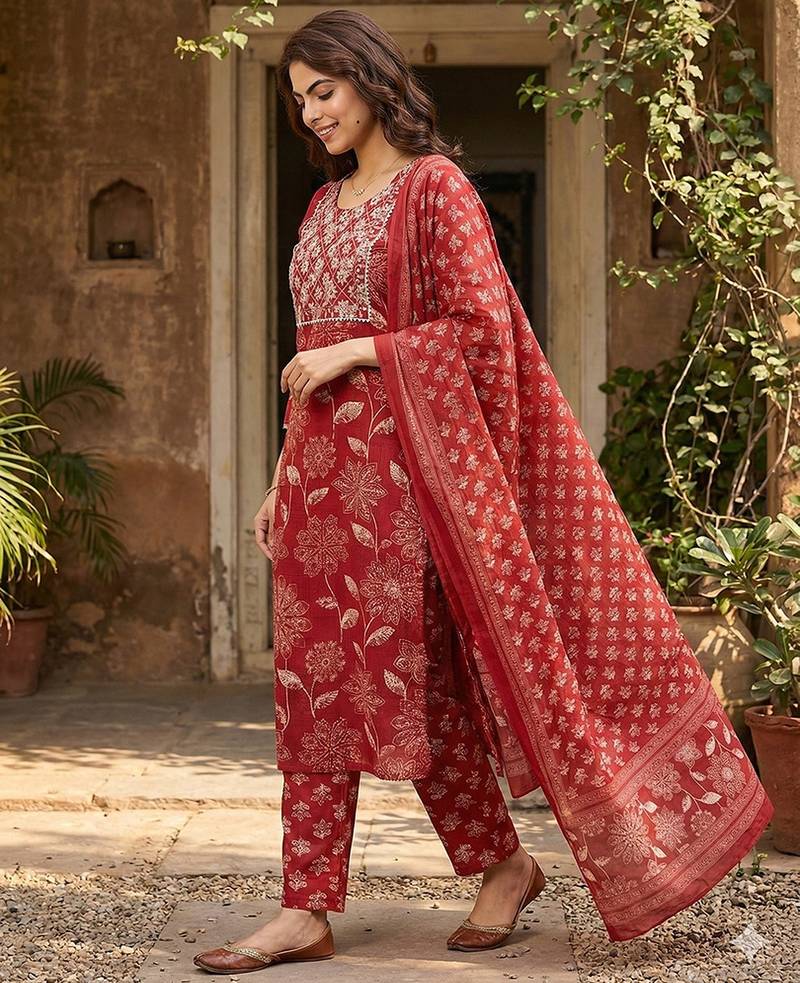 Anouk red pure cotton straight regular kurta set