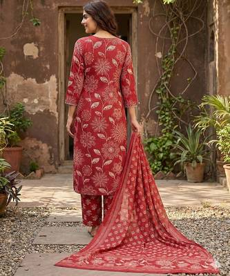 red pure cotton straight regular kurta set 3