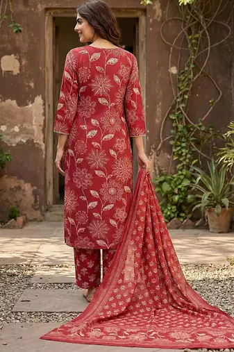 red pure cotton straight regular kurta set