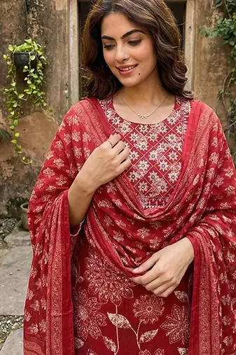 red pure cotton straight regular kurta set