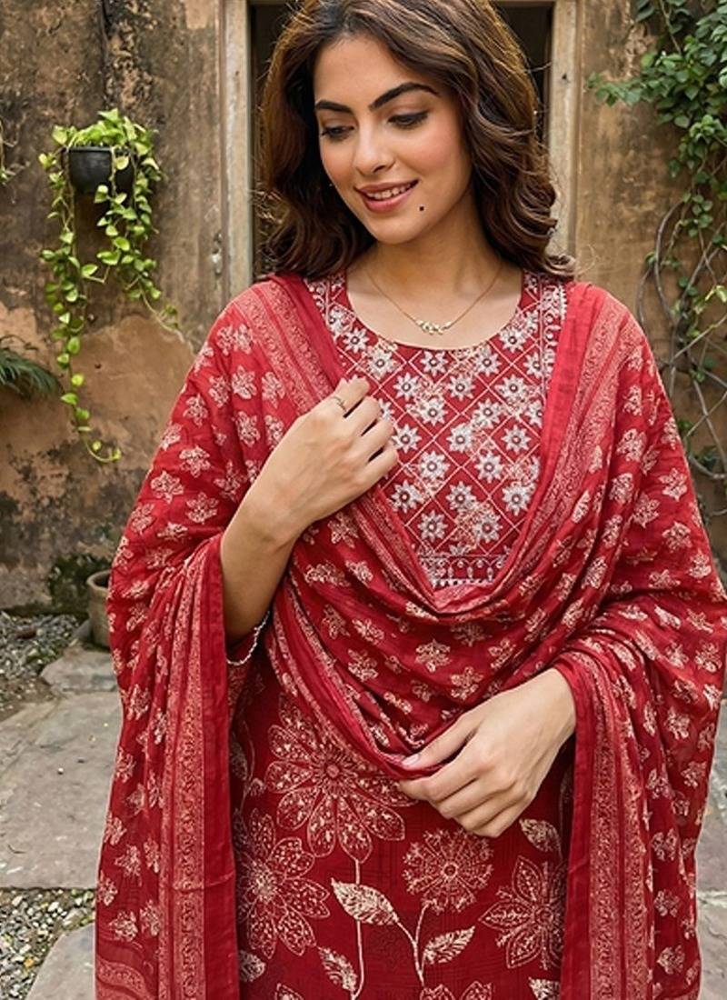 Anouk red pure cotton straight regular kurta set