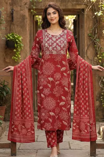 red pure cotton straight regular kurta set