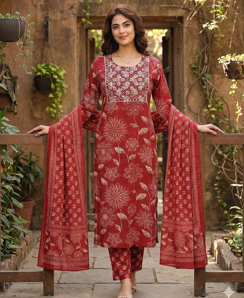 Anouk red pure cotton straight regular kurta set