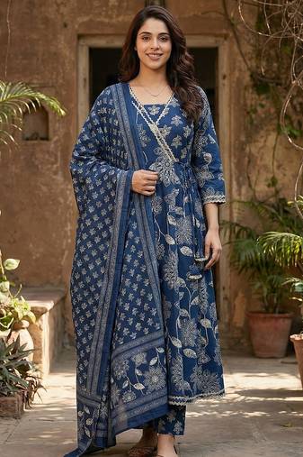Anouk blue pure cotton anarkali angrakha kurta set