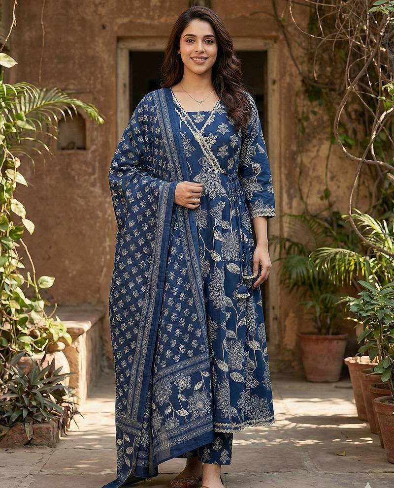 Anouk blue pure cotton anarkali angrakha kurta set