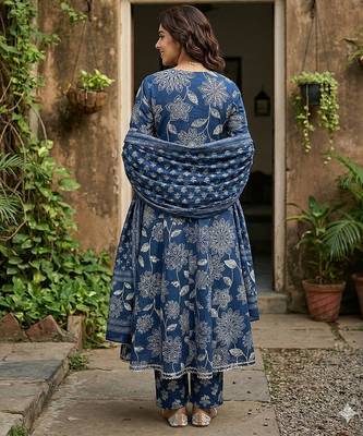 blue pure cotton anarkali angrakha kurta set 2