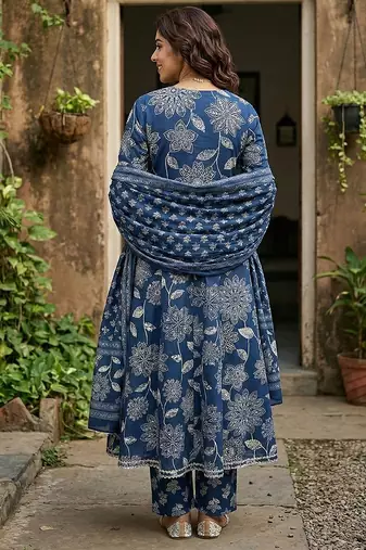 blue pure cotton anarkali angrakha kurta set