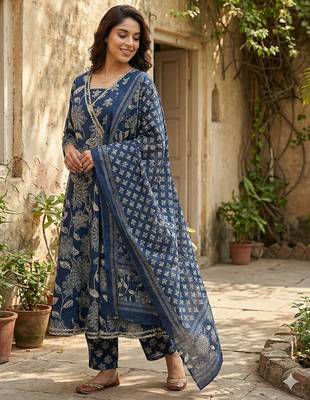 blue pure cotton anarkali angrakha kurta set 3