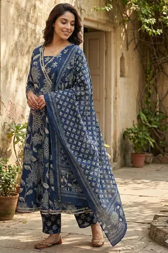blue pure cotton anarkali angrakha kurta set