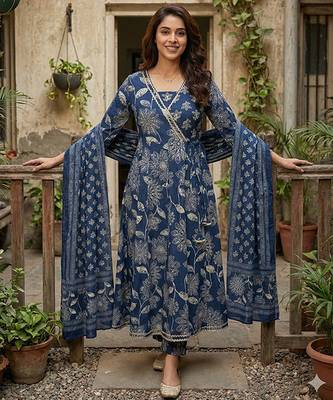 blue pure cotton anarkali angrakha kurta set 5