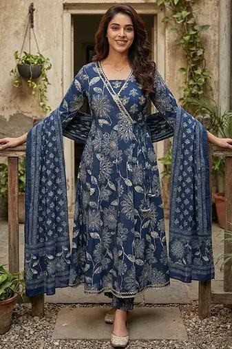 blue pure cotton anarkali angrakha kurta set