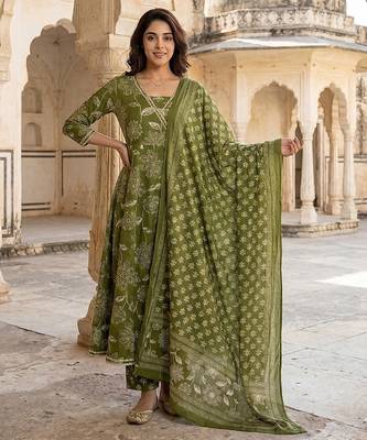 green pure cotton anarkali angrakha kurta set 1