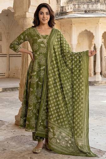 Anouk green pure cotton anarkali angrakha kurta set