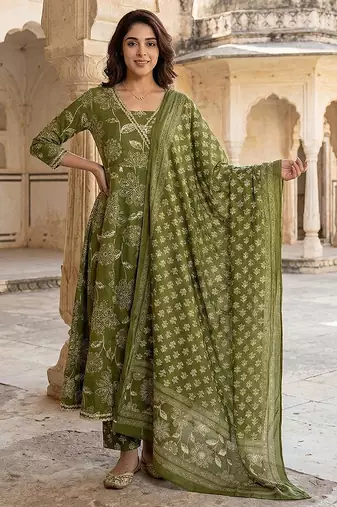 Anouk green pure cotton anarkali angrakha kurta set