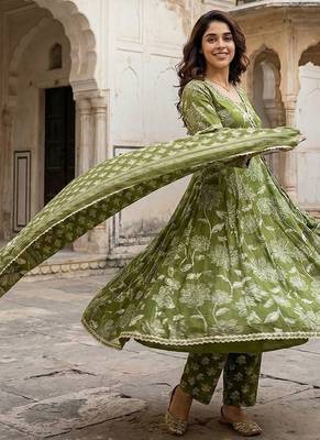 green pure cotton anarkali angrakha kurta set 2