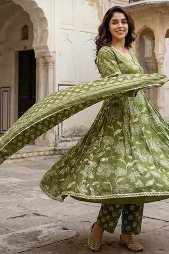 green pure cotton anarkali angrakha kurta set