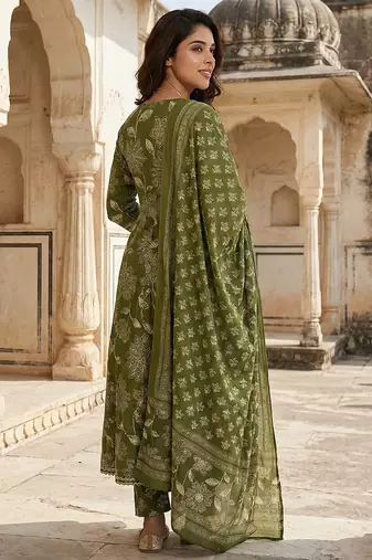 green pure cotton anarkali angrakha kurta set