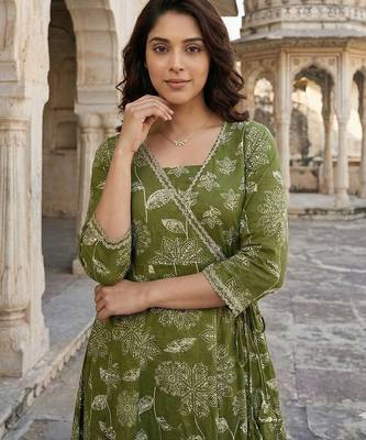 green pure cotton anarkali angrakha kurta set 4