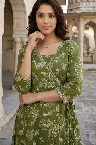 green pure cotton anarkali angrakha kurta set
