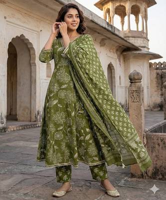 green pure cotton anarkali angrakha kurta set 5