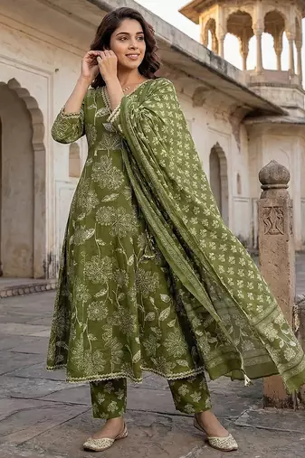 green pure cotton anarkali angrakha kurta set