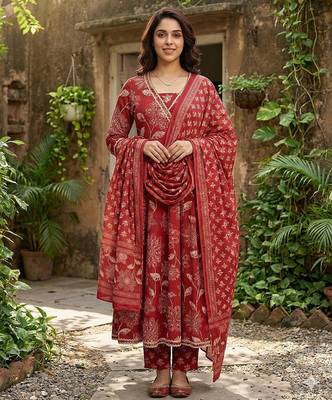 red pure cotton anarkali angrakha kurta set 1