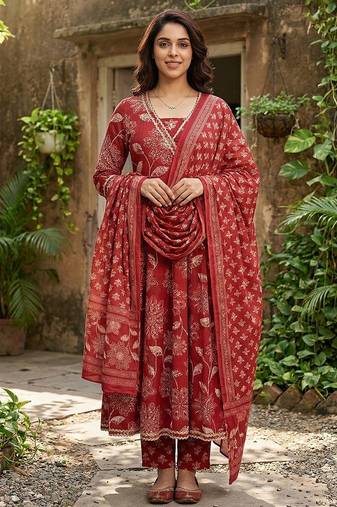 Anouk red pure cotton anarkali angrakha kurta set