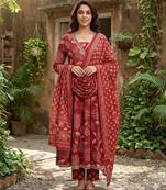 Anouk red pure cotton anarkali angrakha kurta set