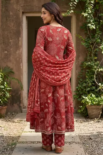 red pure cotton anarkali angrakha kurta set