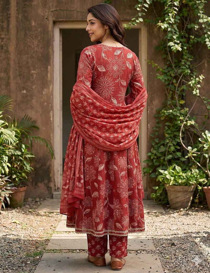 Anouk red pure cotton anarkali angrakha kurta set
