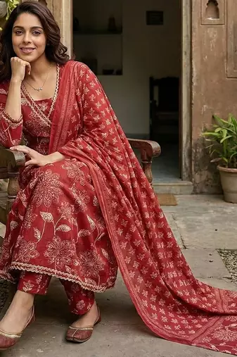 red pure cotton anarkali angrakha kurta set