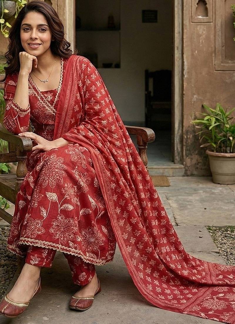 Anouk red pure cotton anarkali angrakha kurta set